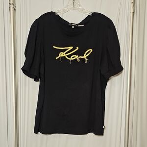 Karl Lagerfeld Paris Womens Black Short Puff Sleeve T-shirt Gold Graphics Charms